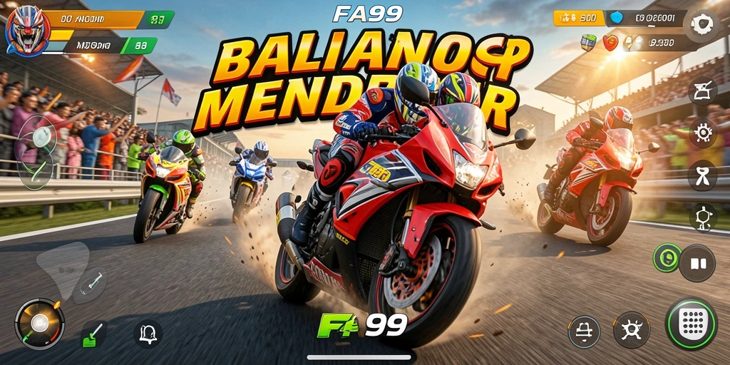 Screenshot FA99 menunjukkan aksi balapan motor yang intens dan menegangkan.