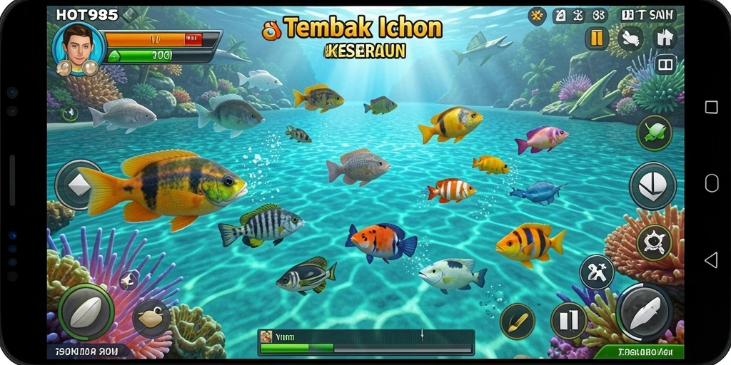 Screenshot menunjukkan aksi menembak ikan yang mendebarkan.