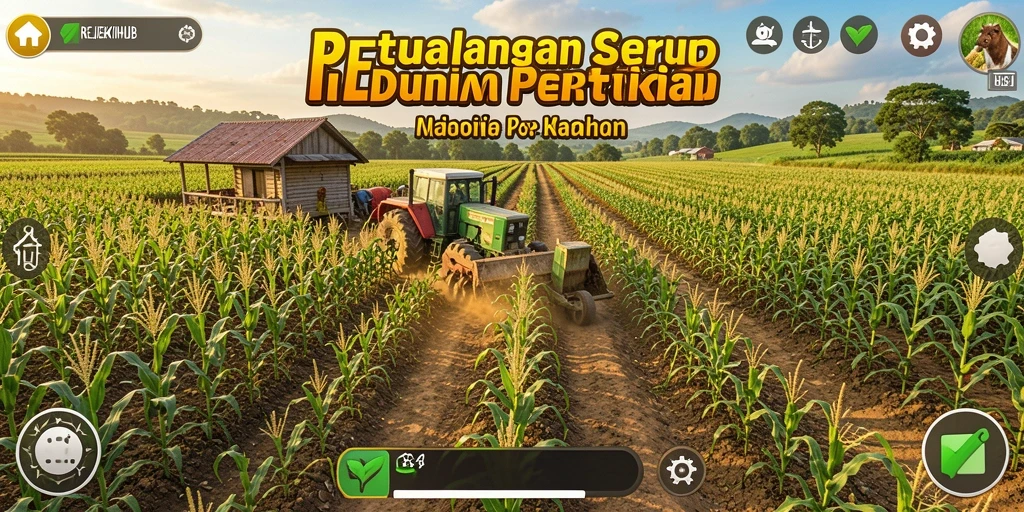 Screenshot REJEKIHUB menunjukkan aktivitas pertanian yang seru dan berwarna.