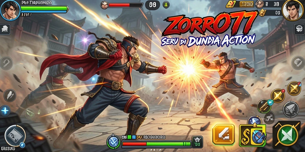 Screenshot gameplay ZORO77 menampilkan pertarungan seru di arena action.